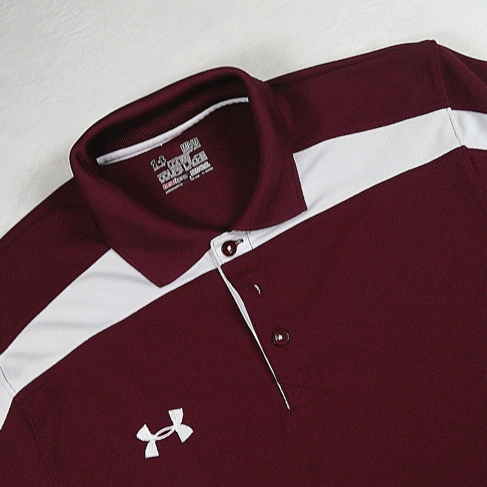 Under Armour HeatGear Polo Shirt Mens Medium Maroon White Loose Fit Short Sleeve
